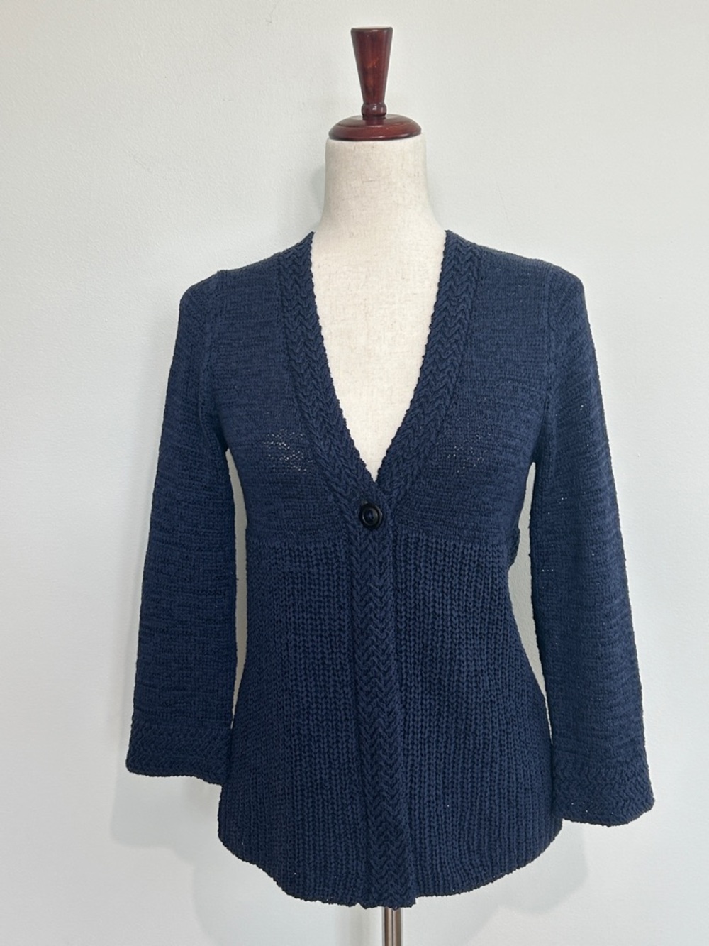 Carole Little Chunky Knit Navy Cotton Blend Cardigan Size Small EUC